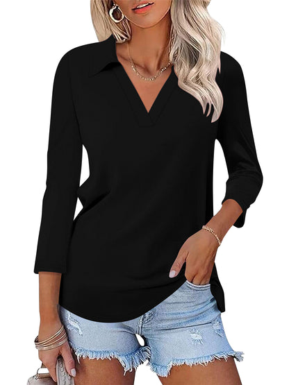 SWQZVT Women's V Neck Polo Shirt 3/4 Sleeve Collared Casual Business Top Loose Fit Summer Blouse
