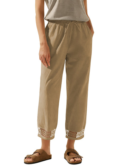 TEMOFON Linen Pants for Women Capris Summer Cropped Tapered Leg with Pockets Elastic Waistband Chinos Eyelet Ankle Hem Cotton