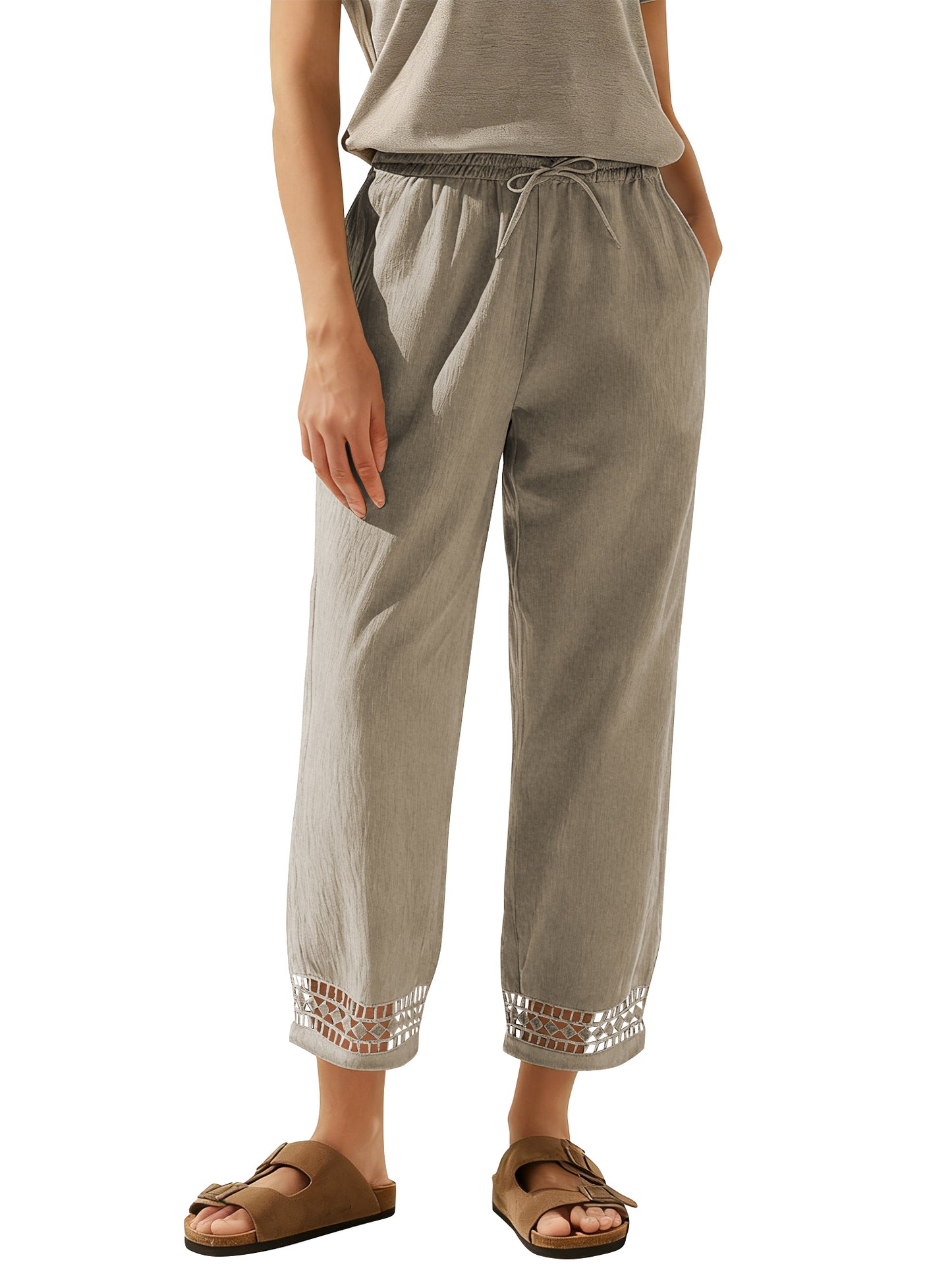 TEMOFON Linen Pants for Women Capris Summer Cropped Tapered Leg with Pockets Elastic Waistband Chinos Eyelet Ankle Hem Cotton