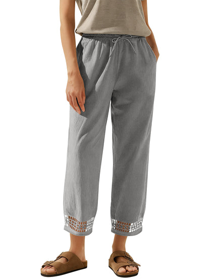 TEMOFON Linen Pants for Women Capris Summer Cropped Tapered Leg with Pockets Elastic Waistband Chinos Eyelet Ankle Hem Cotton