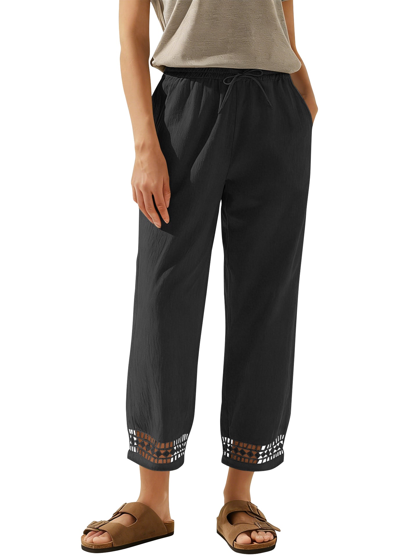 TEMOFON Linen Pants for Women Capris Summer Cropped Tapered Leg with Pockets Elastic Waistband Chinos Eyelet Ankle Hem Cotton