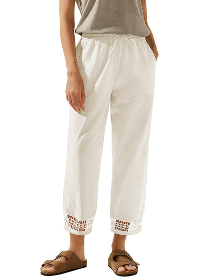 TEMOFON Linen Pants for Women Capris Summer Cropped Tapered Leg with Pockets Elastic Waistband Chinos Eyelet Ankle Hem Cotton