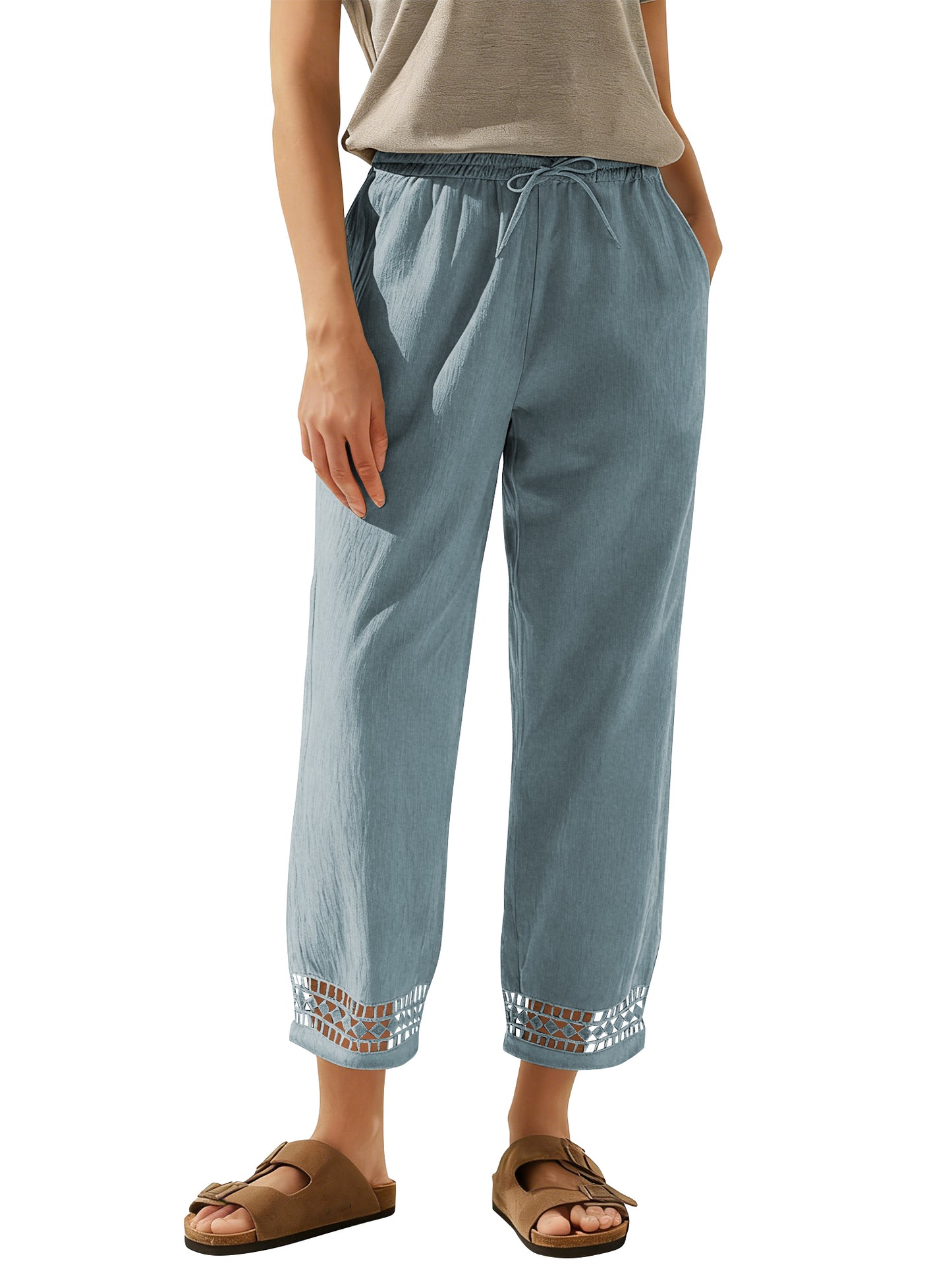 TEMOFON Linen Pants for Women Capris Summer Cropped Tapered Leg with Pockets Elastic Waistband Chinos Eyelet Ankle Hem Cotton