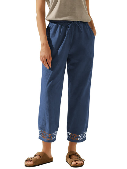 TEMOFON Linen Pants for Women Capris Summer Cropped Tapered Leg with Pockets Elastic Waistband Chinos Eyelet Ankle Hem Cotton