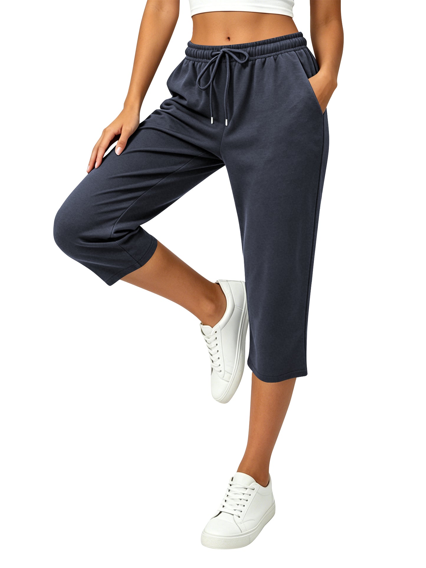 TEMOFON Pants for Women Summer Waisted Drawstring Straight Leg Capri Pants with Pockets Ankle Lounge Pants