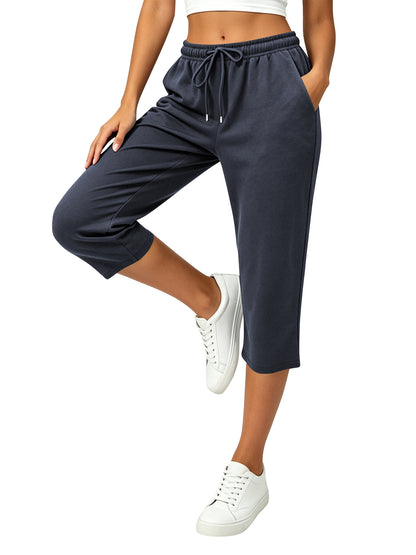 TEMOFON Pants for Women Summer Waisted Drawstring Straight Leg Capri Pants with Pockets Ankle Lounge Pants