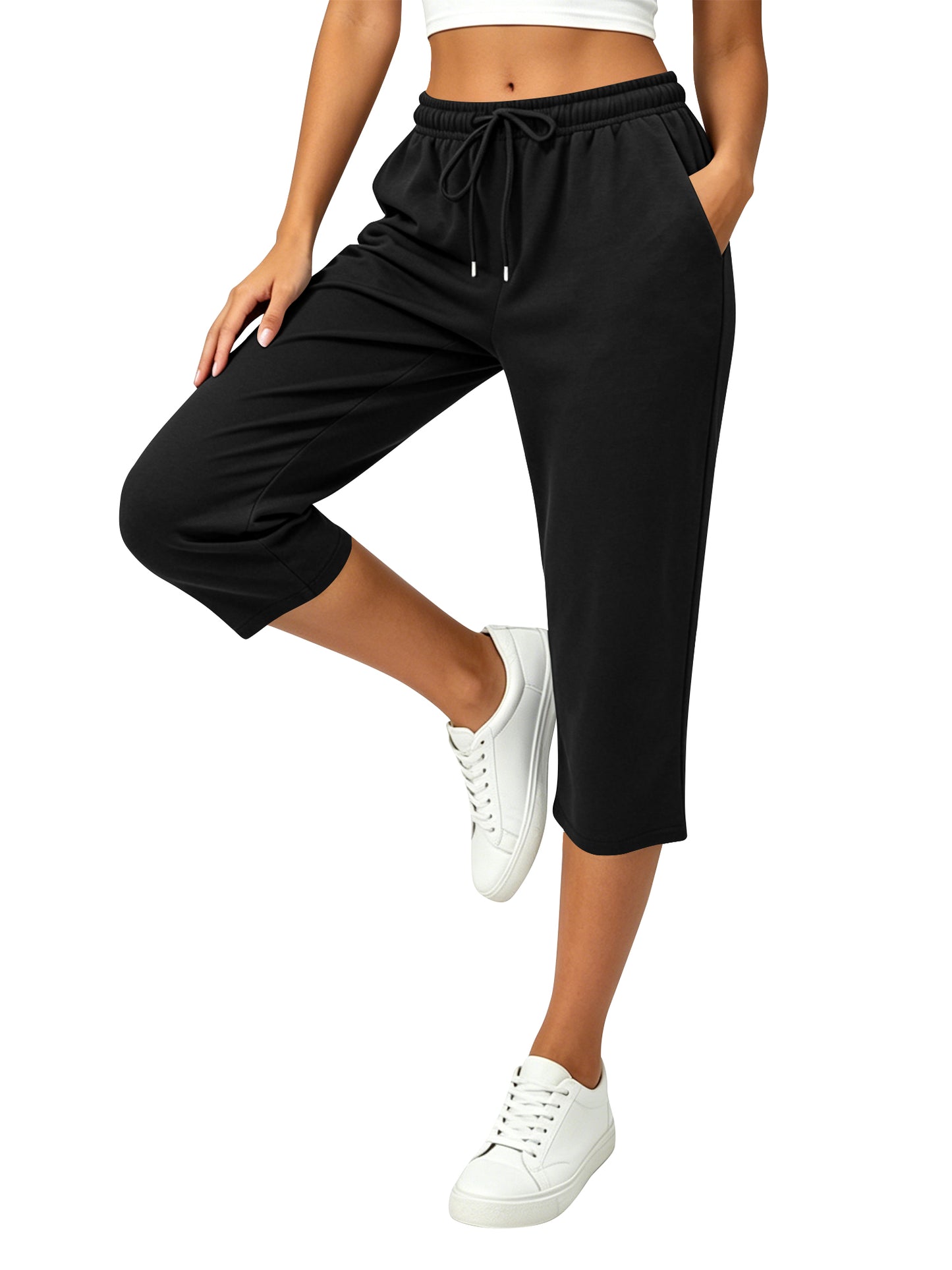 TEMOFON Pants for Women Summer Waisted Drawstring Straight Leg Capri Pants with Pockets Ankle Lounge Pants