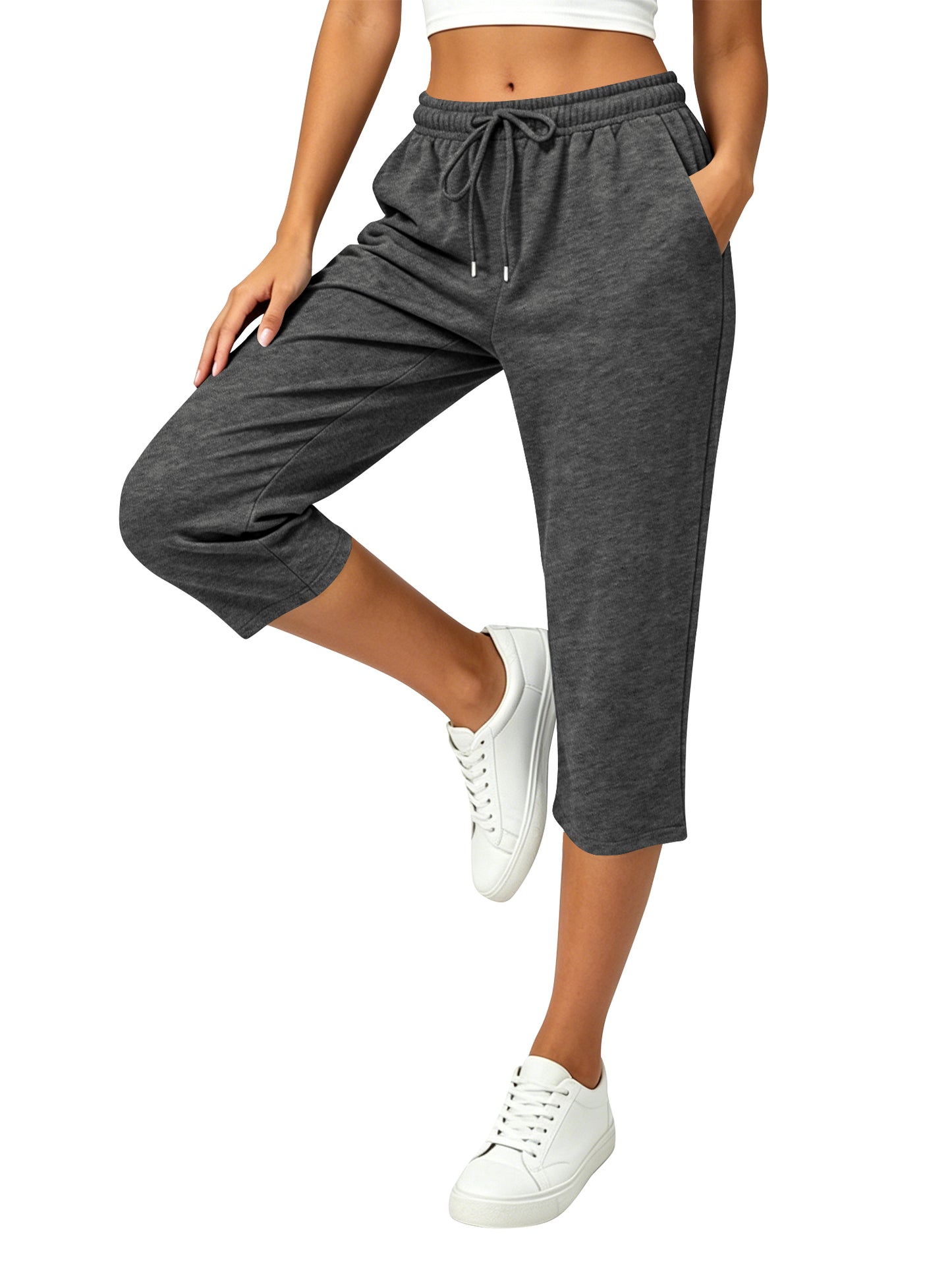 TEMOFON Pants for Women Summer Waisted Drawstring Straight Leg Capri Pants with Pockets Ankle Lounge Pants
