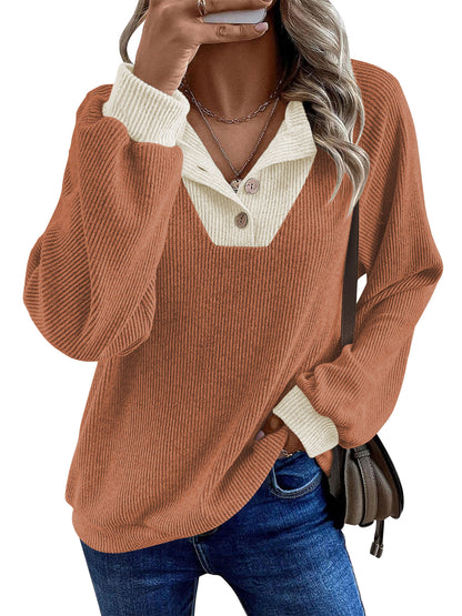 TEMOFON Sweatshirts for Women Fall clothes Loose V Neck Colorblock Long Sleeve Shirts for Winter Tops Trendy Sweat Shirts