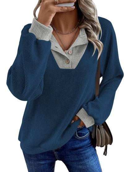 TEMOFON Sweatshirts for Women Fall clothes Loose V Neck Colorblock Long Sleeve Shirts for Winter Tops Trendy Sweat Shirts