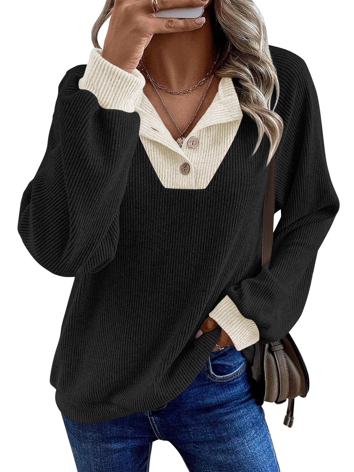 TEMOFON Sweatshirts for Women Fall clothes Loose V Neck Colorblock Long Sleeve Shirts for Winter Tops Trendy Sweat Shirts