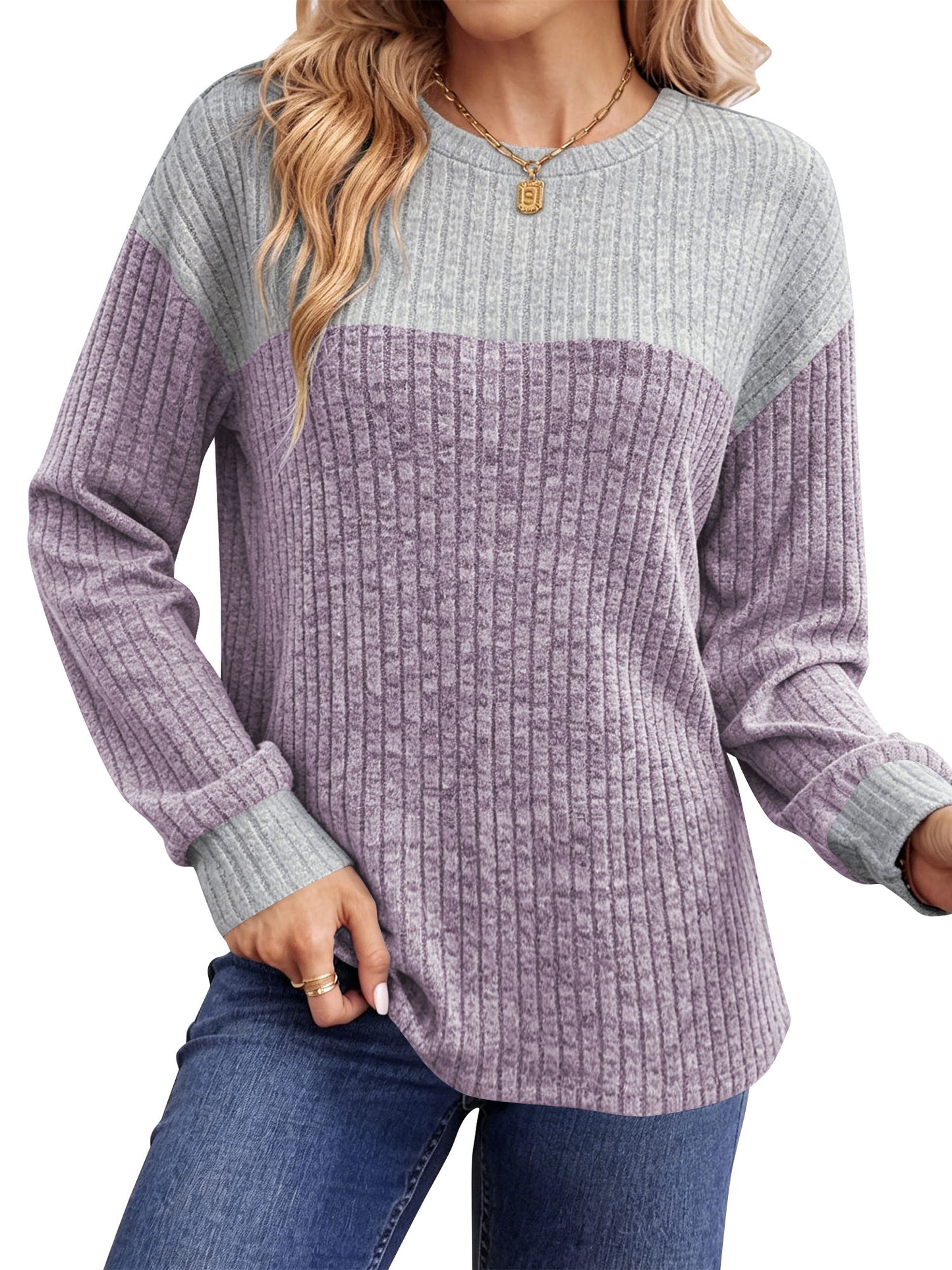 Temofon Long Sleeve Shirts for Womens Clothes for Fall Lightweight Sweaters Crew Neck Winter Color Block Ladies Tops Casual