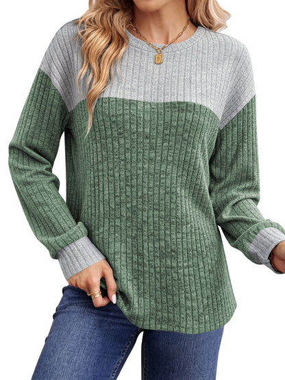 Temofon Long Sleeve Shirts for Womens Clothes for Fall Lightweight Sweaters Crew Neck Winter Color Block Ladies Tops Casual