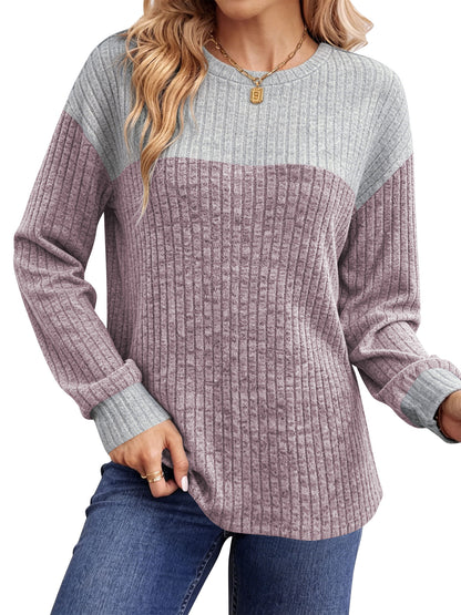 Temofon Long Sleeve Shirts for Womens Clothes for Fall Lightweight Sweaters Crew Neck Winter Color Block Ladies Tops Casual