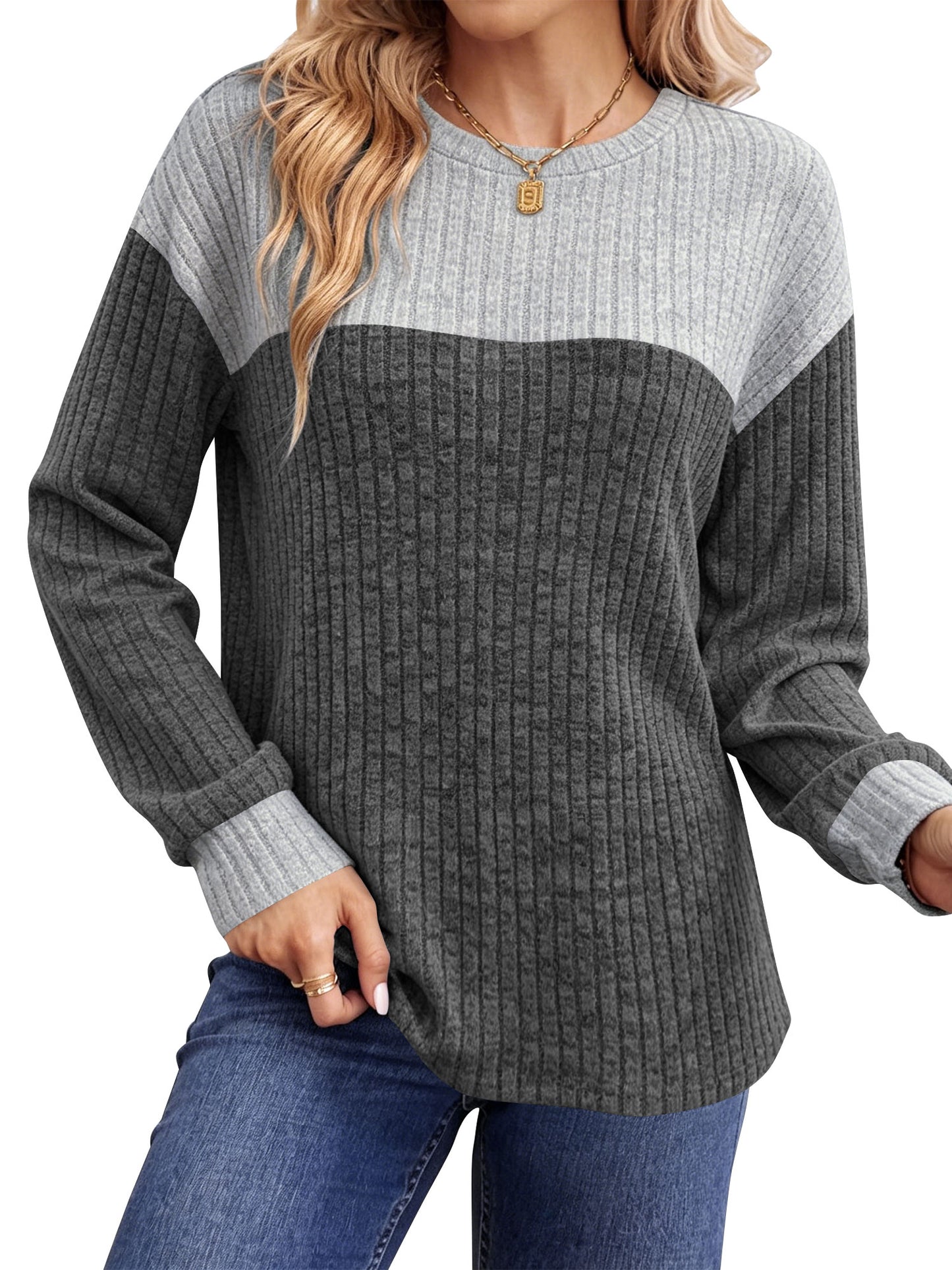 Temofon Long Sleeve Shirts for Womens Clothes for Fall Lightweight Sweaters Crew Neck Winter Color Block Ladies Tops Casual