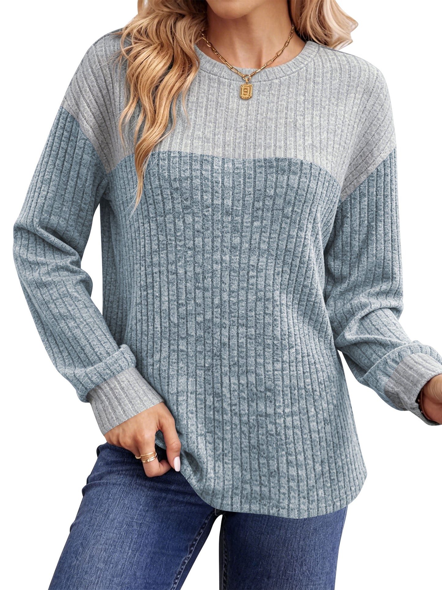 Temofon Long Sleeve Shirts for Womens Clothes for Fall Lightweight Sweaters Crew Neck Winter Color Block Ladies Tops Casual