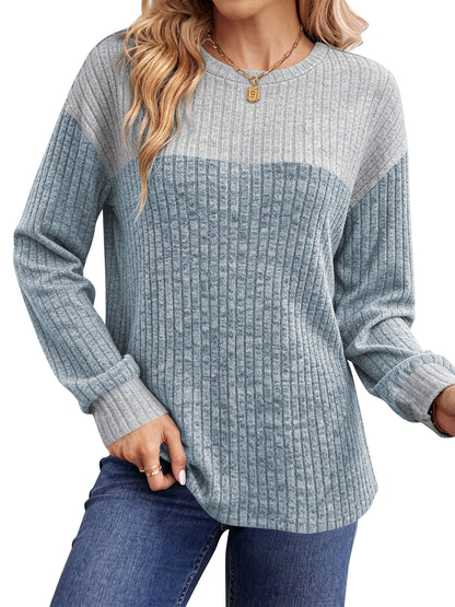 Temofon Long Sleeve Shirts for Womens Clothes for Fall Lightweight Sweaters Crew Neck Winter Color Block Ladies Tops Casual