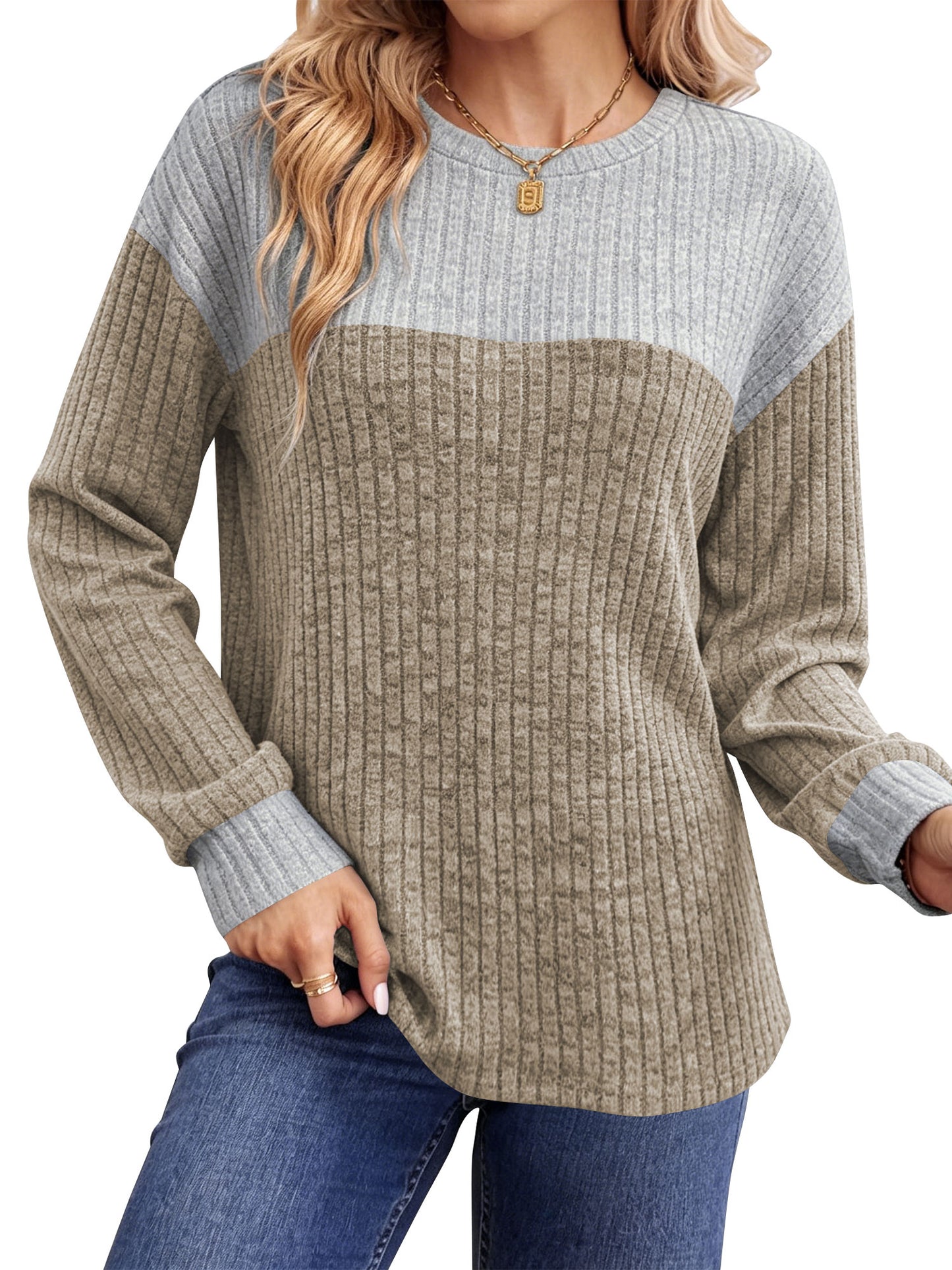 Temofon Long Sleeve Shirts for Womens Clothes for Fall Lightweight Sweaters Crew Neck Winter Color Block Ladies Tops Casual