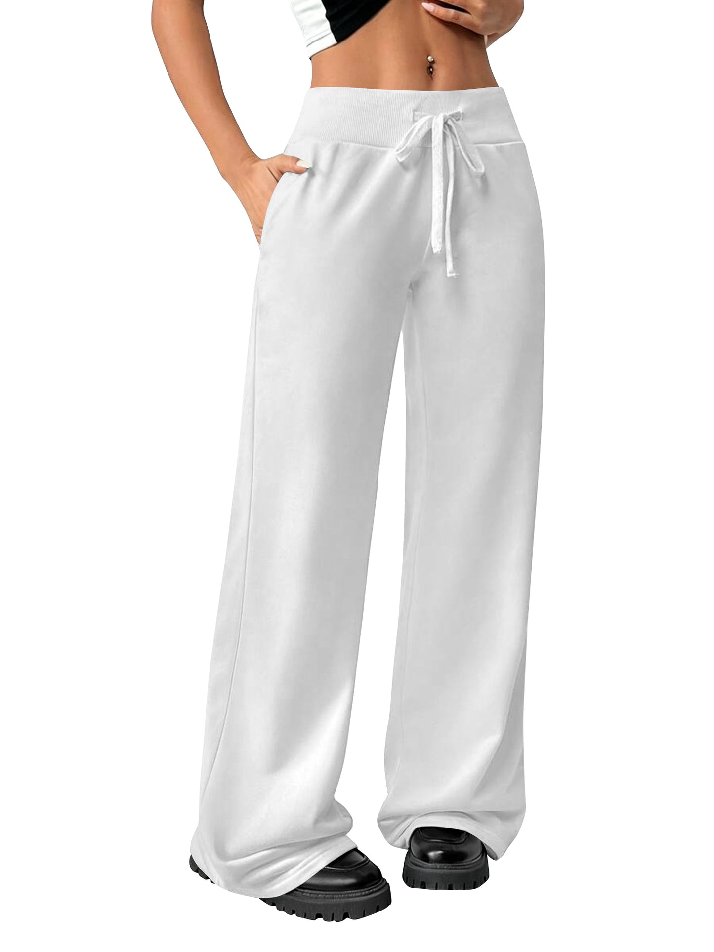 TEMOFON Womens Straight Leg Low rise Sweat Pants Wide Leg Sweatpants Drawstring Elastic Pants with Pockets