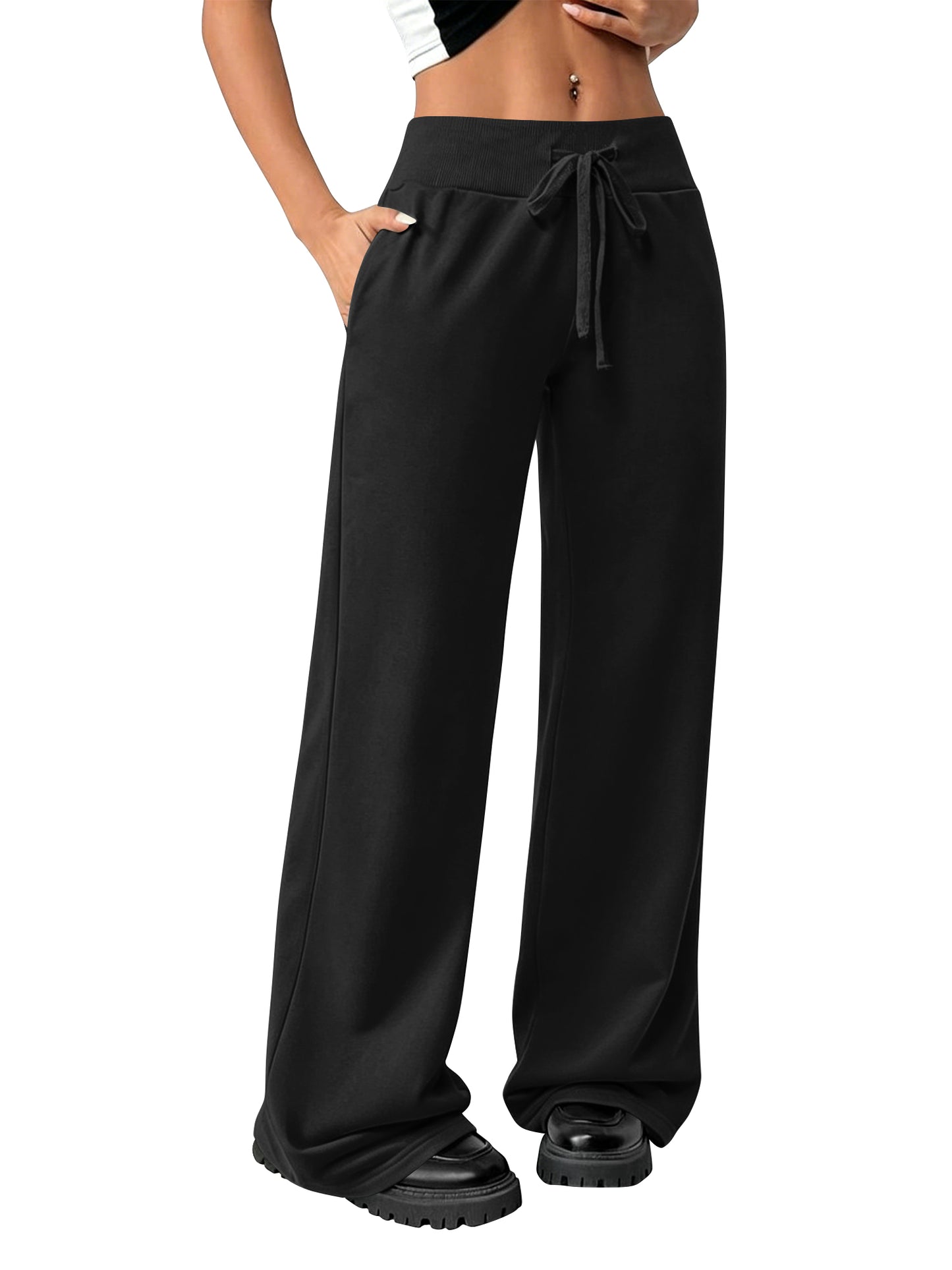 TEMOFON Womens Straight Leg Low rise Sweat Pants Wide Leg Sweatpants Drawstring Elastic Pants with Pockets
