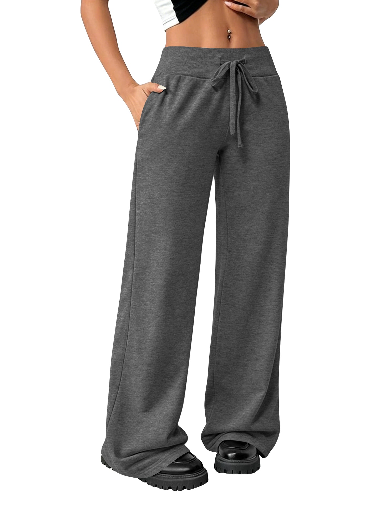 TEMOFON Womens Straight Leg Low rise Sweat Pants Wide Leg Sweatpants Drawstring Elastic Pants with Pockets