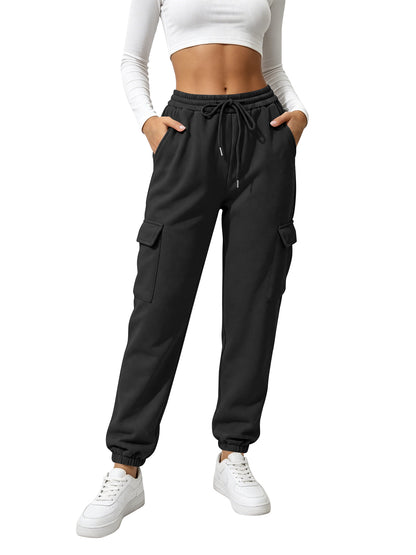 TEMOFON Sweatpants for Women Cargo Drawstring Joggers with Pockets Elastic Waistband Comfy Fall Pants Winter Clothes Fleece Lined Thermal Athletic Trousers