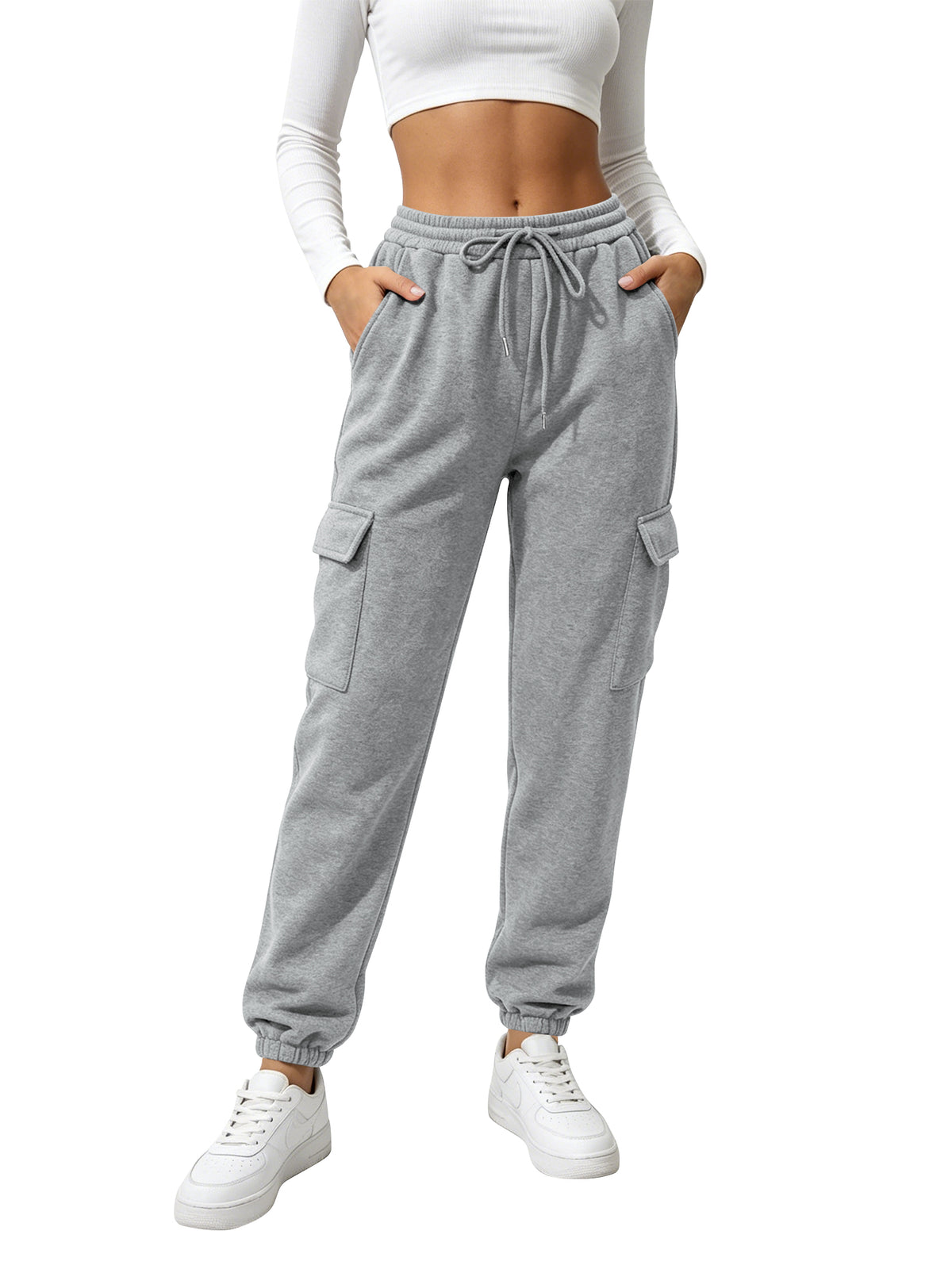TEMOFON Sweatpants for Women Cargo Drawstring Joggers with Pockets Elastic Waistband Comfy Fall Pants Winter Clothes Fleece Lined Thermal Athletic Trousers