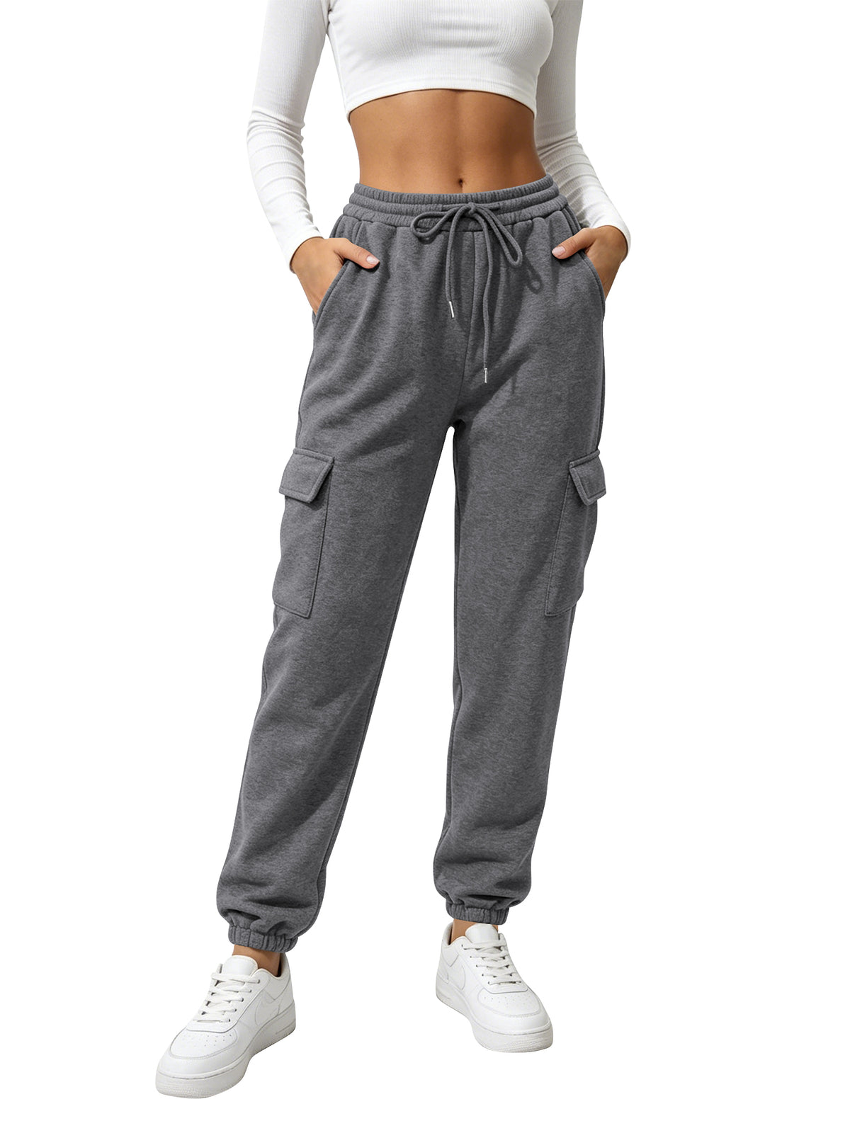 TEMOFON Sweatpants for Women Cargo Drawstring Joggers with Pockets Elastic Waistband Comfy Fall Pants Winter Clothes Fleece Lined Thermal Athletic Trousers