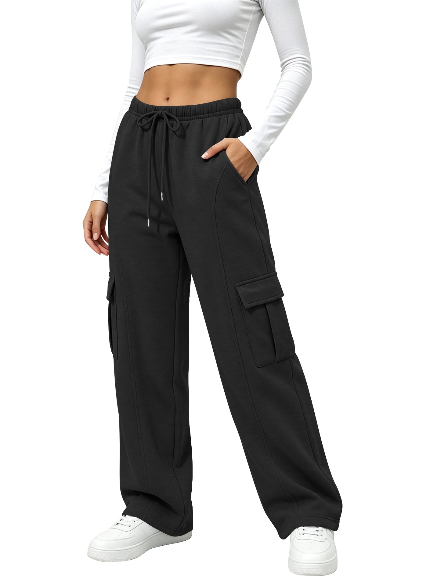 TEMOFON Fleece Lined Cargo Sweatpants for Women High Waist Drawstring Wide Leg Straight Leg Thermal Joggers Loose Warm Athletic Lounge Pants with Side Cargo Pockets