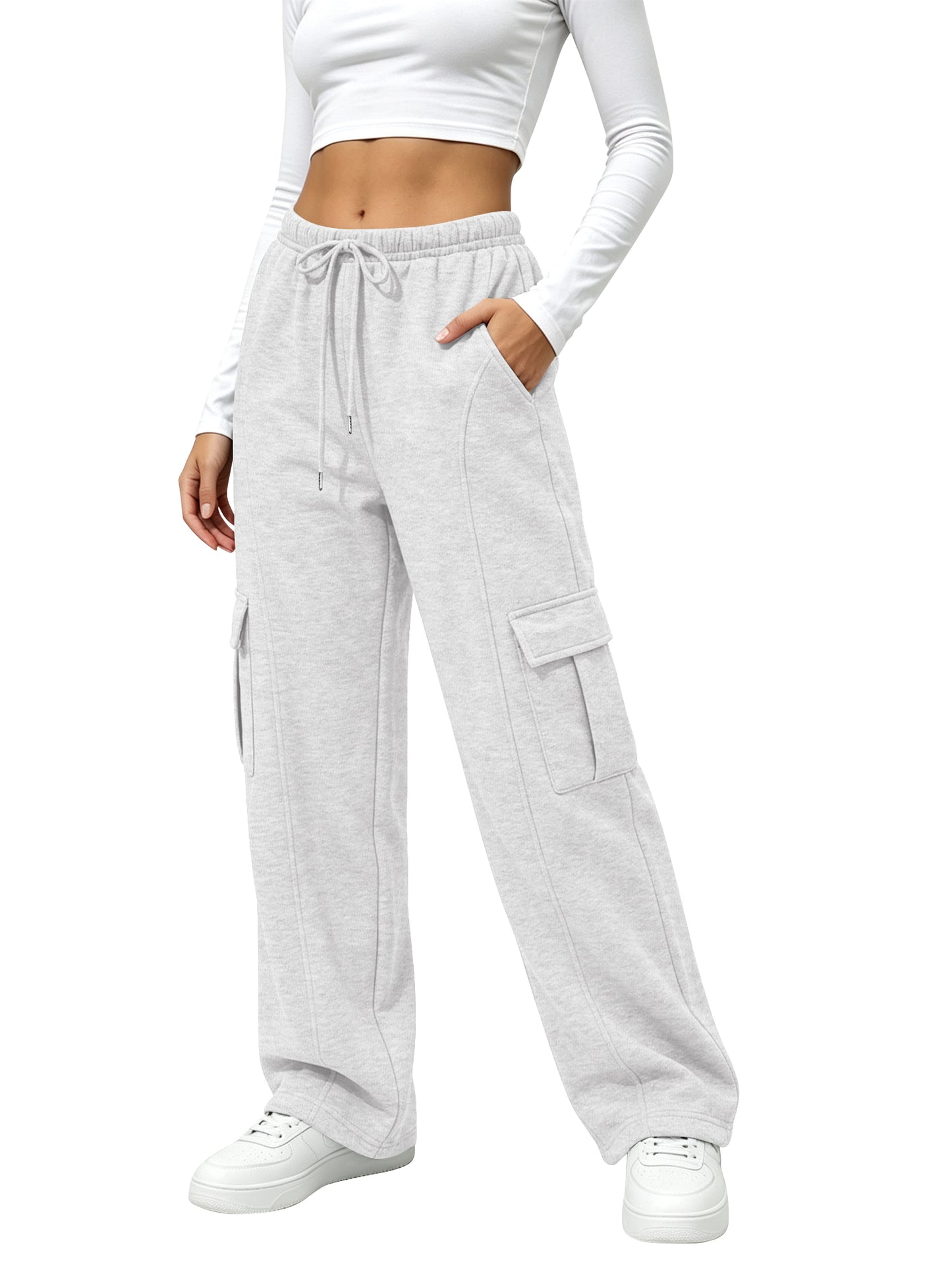 TEMOFON Fleece Lined Cargo Sweatpants for Women High Waist Drawstring Wide Leg Straight Leg Thermal Joggers Loose Warm Athletic Lounge Pants with Side Cargo Pockets