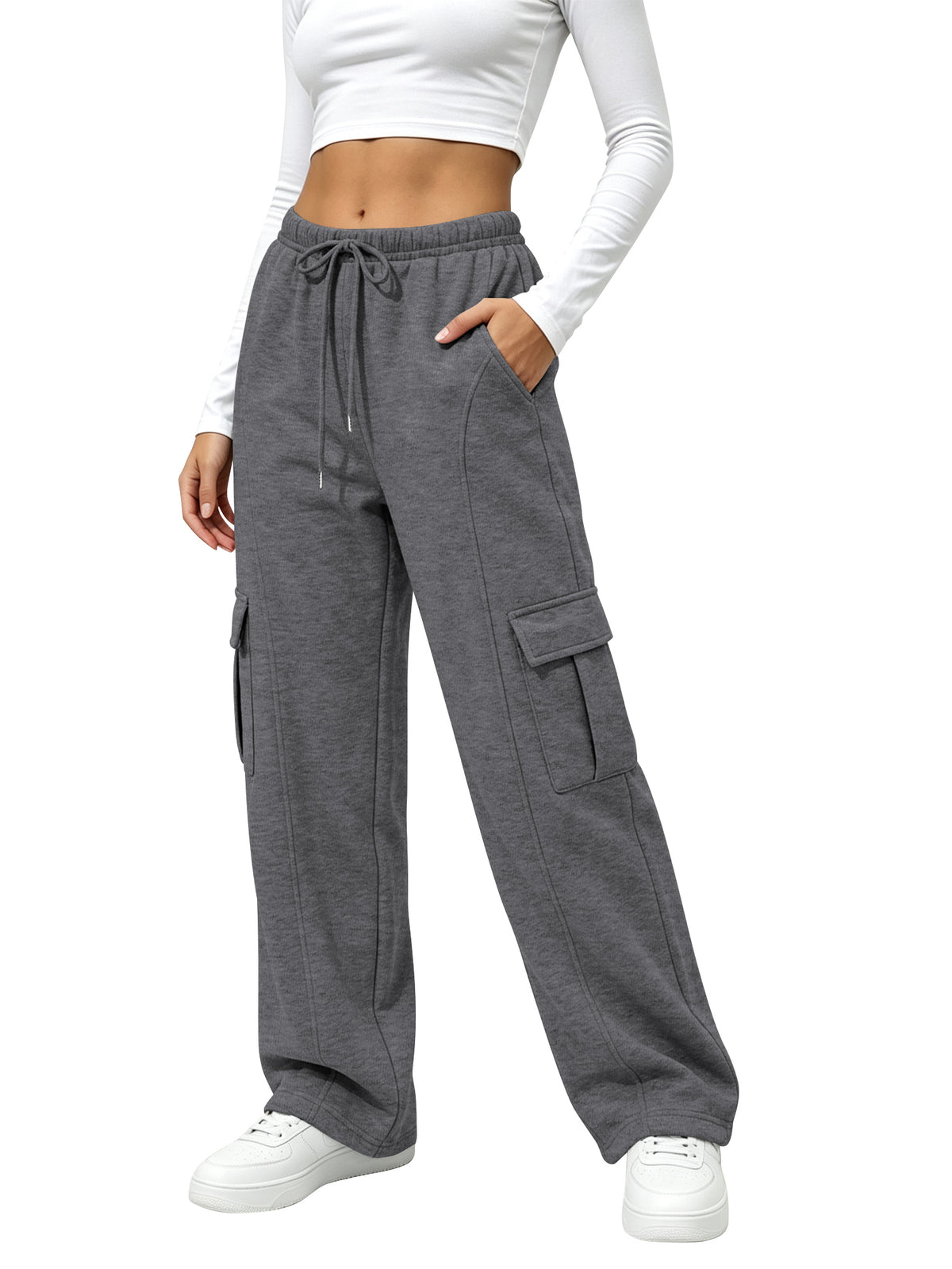 TEMOFON Fleece Lined Cargo Sweatpants for Women High Waist Drawstring Wide Leg Straight Leg Thermal Joggers Loose Warm Athletic Lounge Pants with Side Cargo Pockets