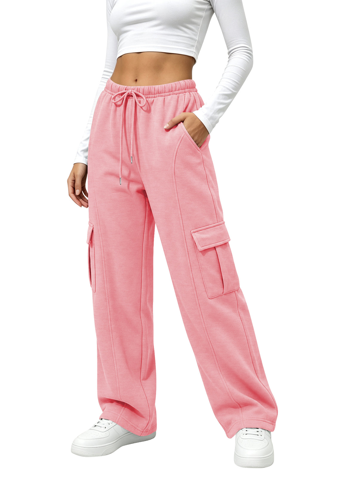 TEMOFON Fleece Lined Cargo Sweatpants for Women High Waist Drawstring Wide Leg Straight Leg Thermal Joggers Loose Warm Athletic Lounge Pants with Side Cargo Pockets