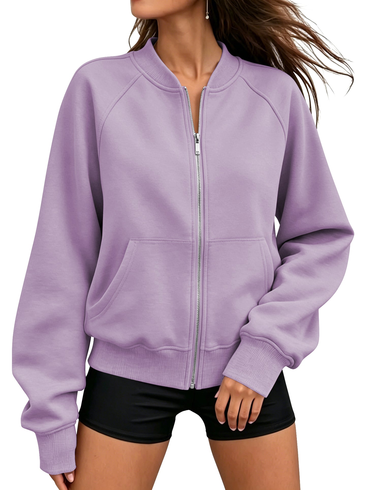 TEMOFON Jackets for Women Fleece Zip Up Jacket Womens Long Sleeve Mock Neck Jackets Warm Everyday Loose Fit Sweatshirt