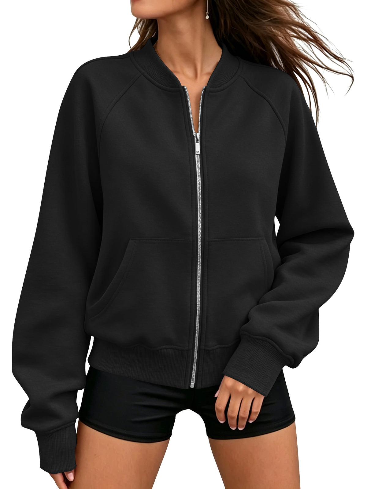 TEMOFON Jackets for Women Fleece Zip Up Jacket Womens Long Sleeve Mock Neck Jackets Warm Everyday Loose Fit Sweatshirt