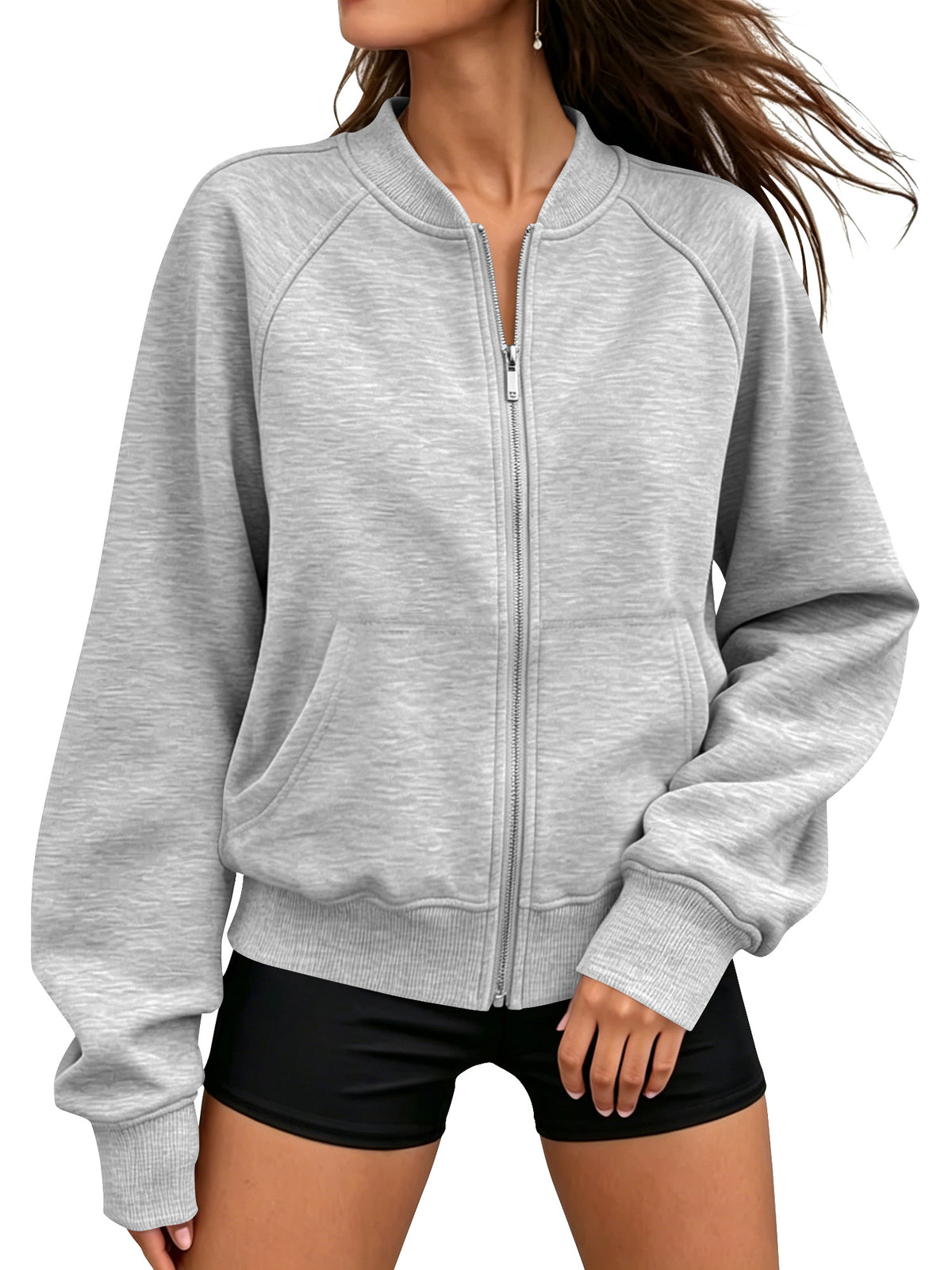 TEMOFON Jackets for Women Fleece Zip Up Jacket Womens Long Sleeve Mock Neck Jackets Warm Everyday Loose Fit Sweatshirt