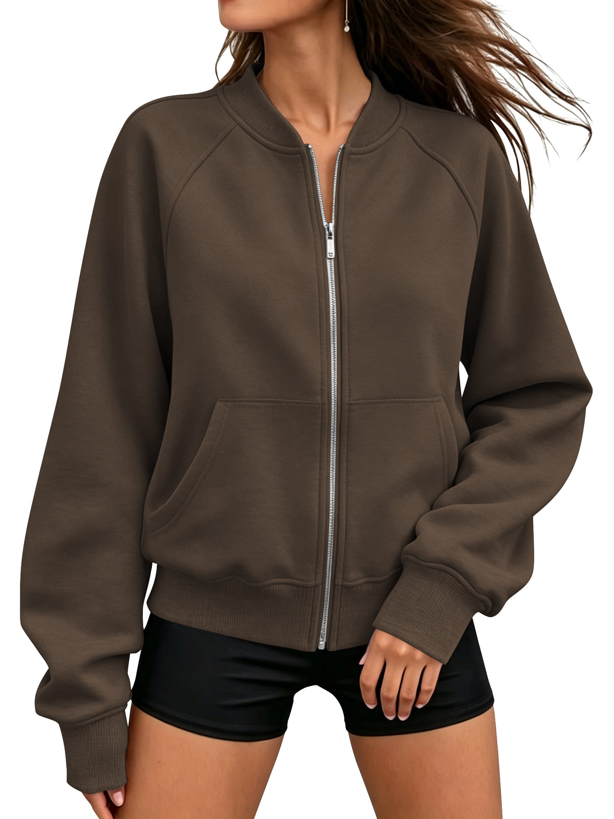 TEMOFON Jackets for Women Fleece Zip Up Jacket Womens Long Sleeve Mock Neck Jackets Warm Everyday Loose Fit Sweatshirt
