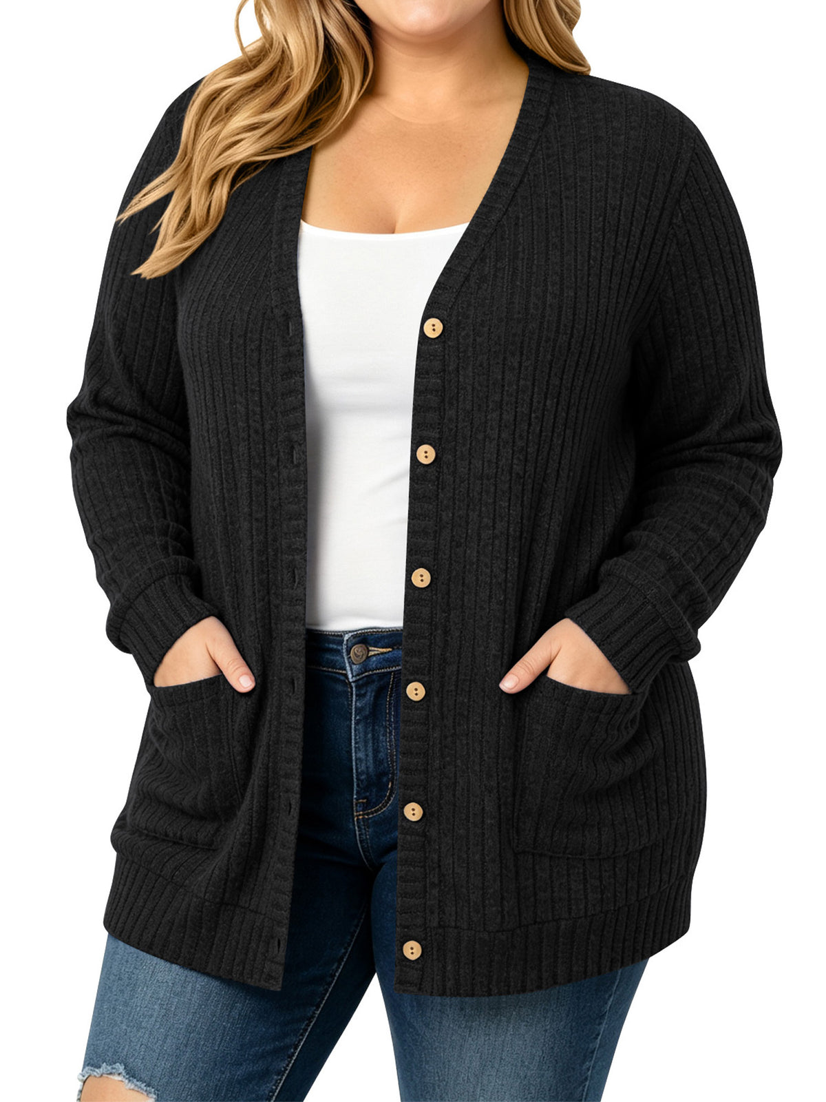 TEMOFON Cardigan Sweaters for Women Plus Size Black Womens Cardigan Long Sleeve Buttons Down with Pocket Lightweight Outerwear Fall Winter Clothes