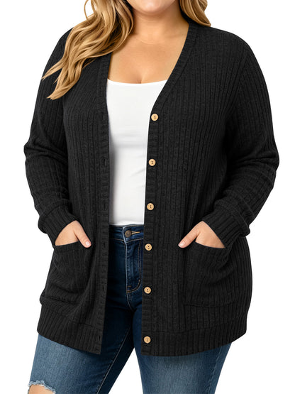 TEMOFON Cardigan Sweaters for Women Plus Size Black Womens Cardigan Long Sleeve Buttons Down with Pocket Lightweight Outerwear Fall Winter Clothes