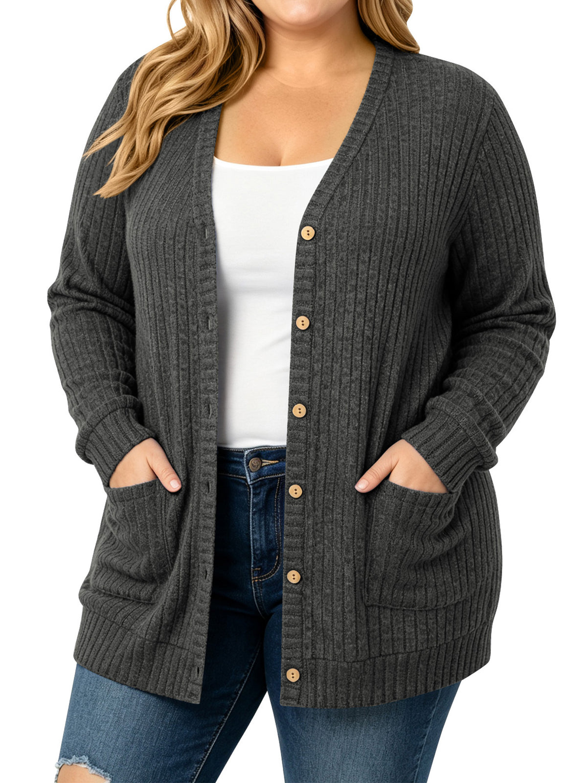 TEMOFON Cardigan Sweaters for Women Plus Size Black Womens Cardigan Long Sleeve Buttons Down with Pocket Lightweight Outerwear Fall Winter Clothes