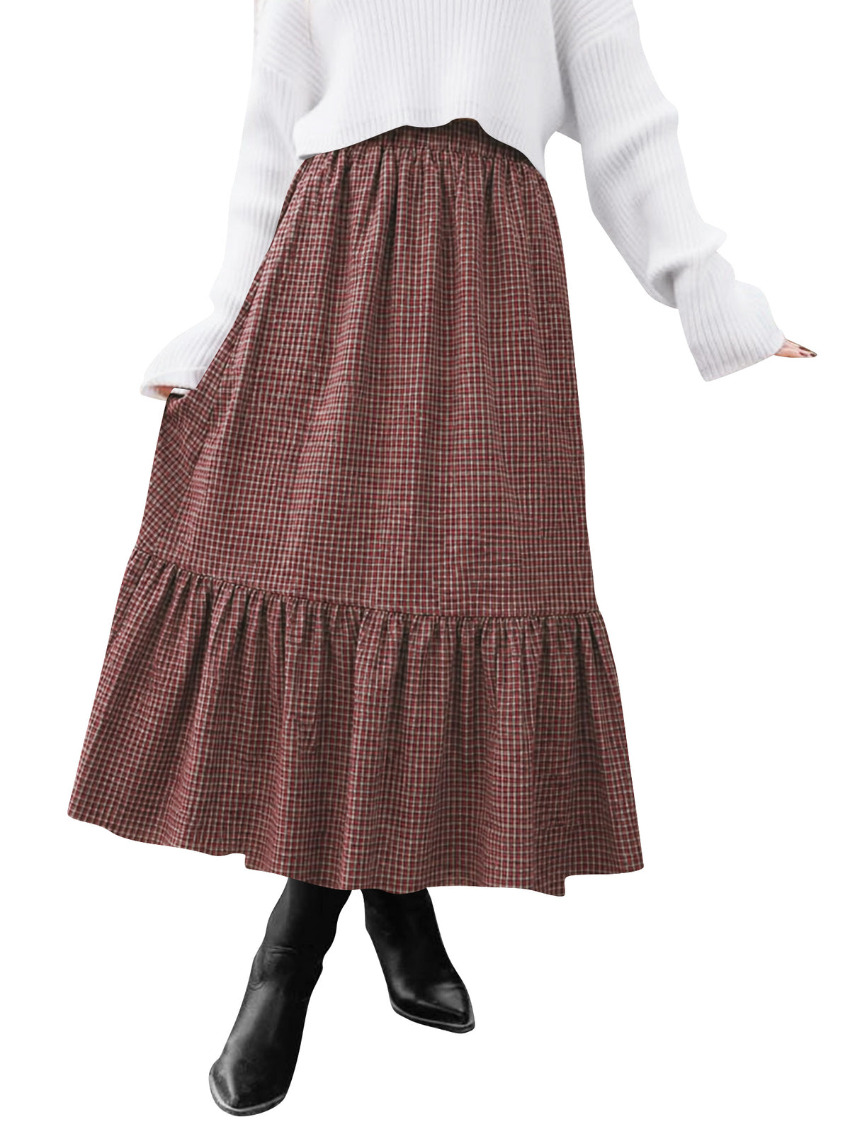 TEMOFON Womens Skirts Midi Plaid Maxi Skirts for Women Elastic High Waist with Pockets A Line for Fall Tartan Clothes Flowy