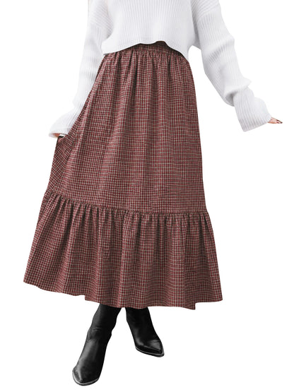 TEMOFON Womens Skirts Midi Plaid Maxi Skirts for Women Elastic High Waist with Pockets A Line for Fall Tartan Clothes Flowy
