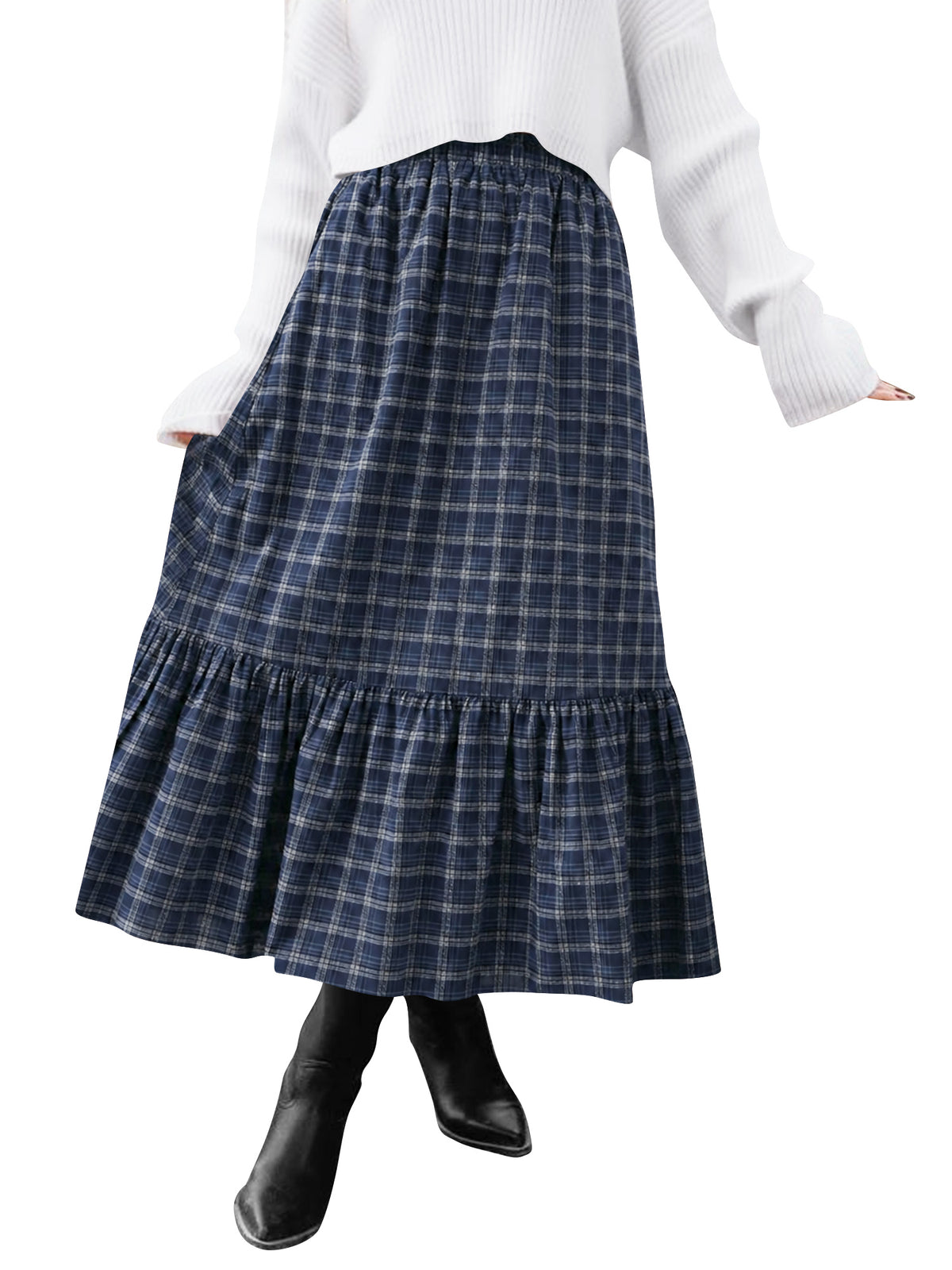TEMOFON Womens Skirts Midi Plaid Maxi Skirts for Women Elastic High Waist with Pockets A Line for Fall Tartan Clothes Flowy