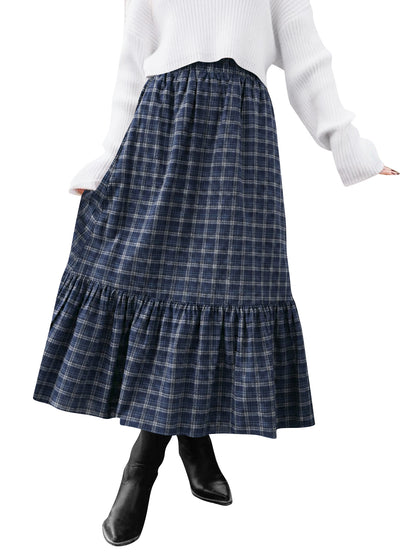 TEMOFON Womens Skirts Midi Plaid Maxi Skirts for Women Elastic High Waist with Pockets A Line for Fall Tartan Clothes Flowy