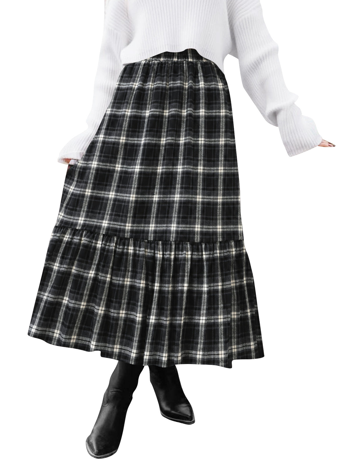 TEMOFON Womens Skirts Midi Plaid Maxi Skirts for Women Elastic High Waist with Pockets A Line for Fall Tartan Clothes Flowy