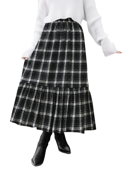 TEMOFON Womens Skirts Midi Plaid Maxi Skirts for Women Elastic High Waist with Pockets A Line for Fall Tartan Clothes Flowy