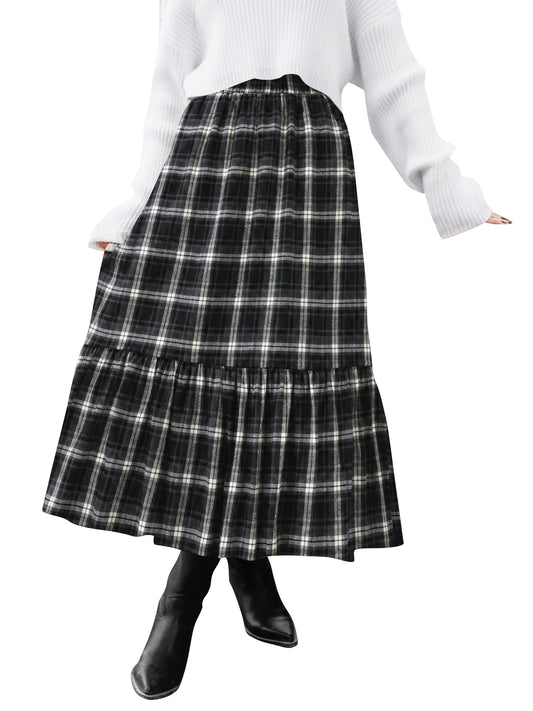 TEMOFON Womens Skirts Midi Plaid Maxi Skirts for Women Elastic High Waist with Pockets A Line for Fall Tartan Clothes Flowy