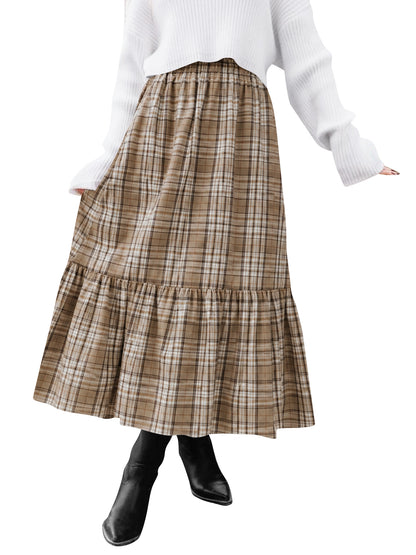 TEMOFON Womens Skirts Midi Plaid Maxi Skirts for Women Elastic High Waist with Pockets A Line for Fall Tartan Clothes Flowy