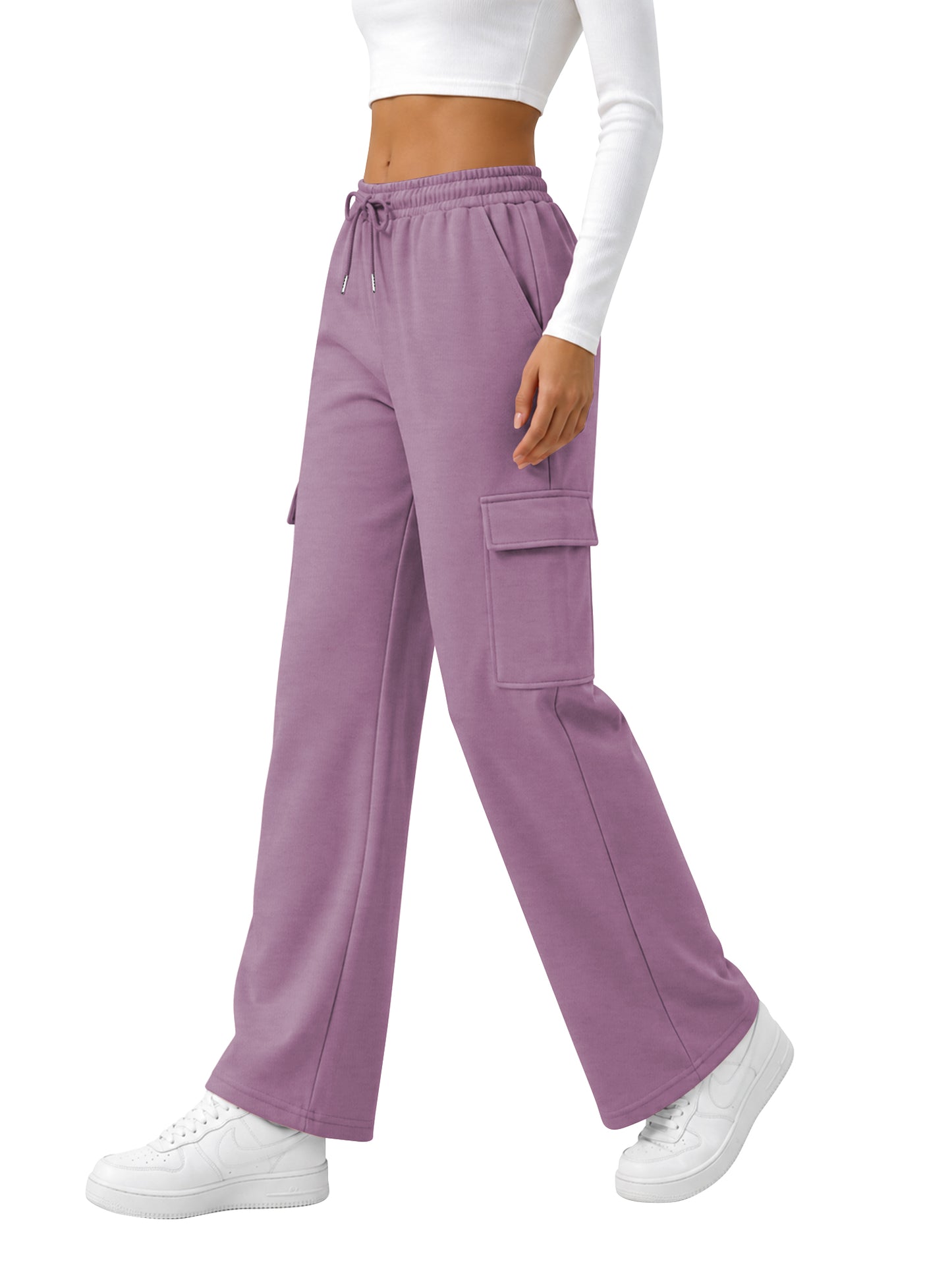 TEMOFON Sweatpants for Women Cargo Wide Leg Pants with Pockets Elastic Waistband Comfy Pants Drawstring Baggy Fall Clothes