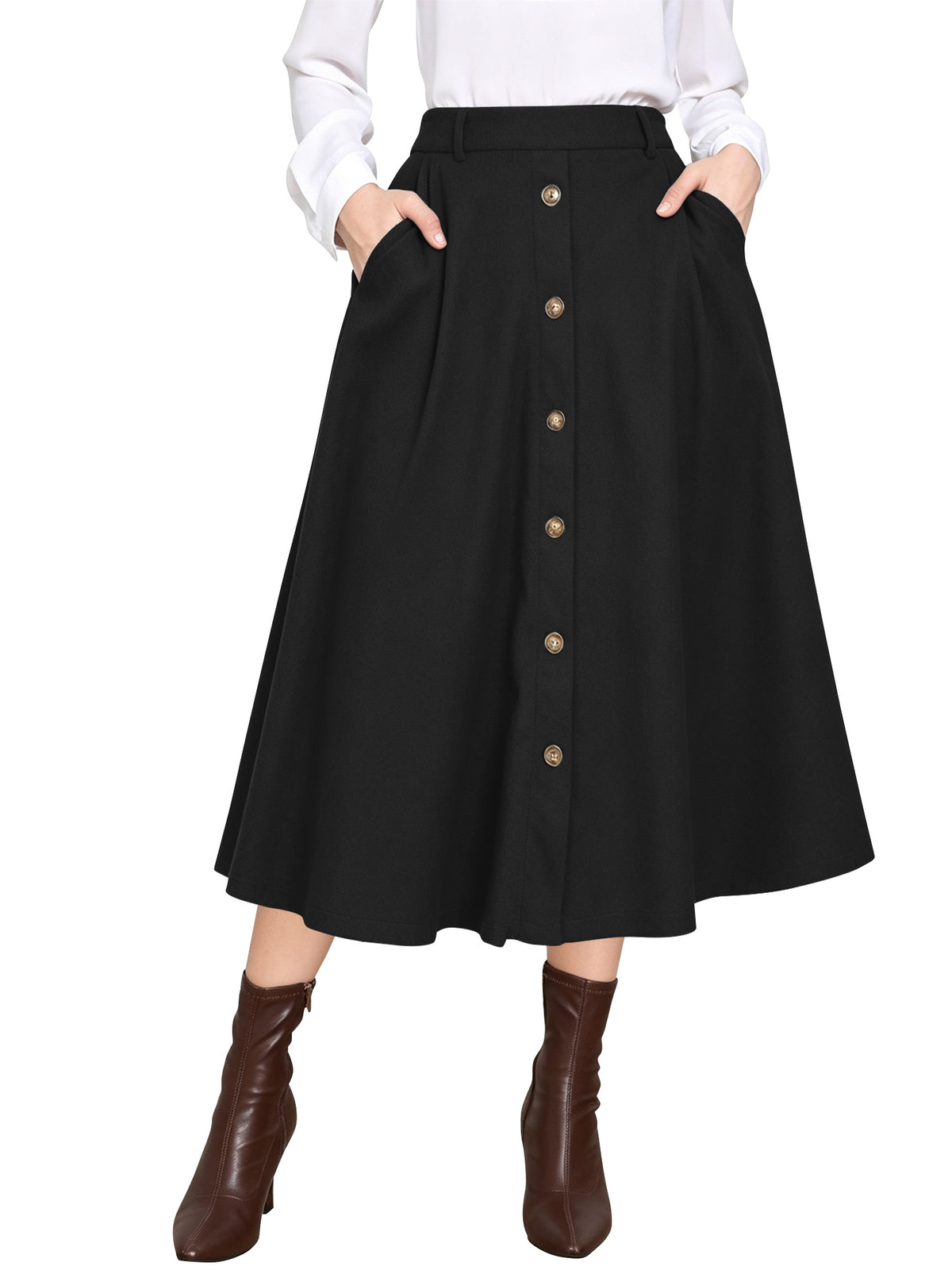TEMOFON Womens Midi Skirt High Waisted A Line Skirt Button Front Long Skirt Casual Winter Skirt Fall Fashion Skirt for Women
