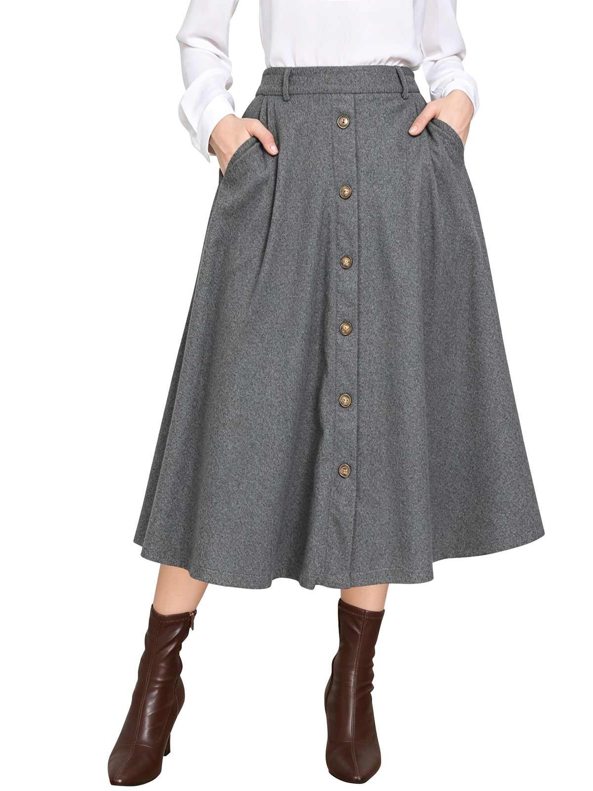 TEMOFON Womens Midi Skirt High Waisted A Line Skirt Button Front Long Skirt Casual Winter Skirt Fall Fashion Skirt for Women